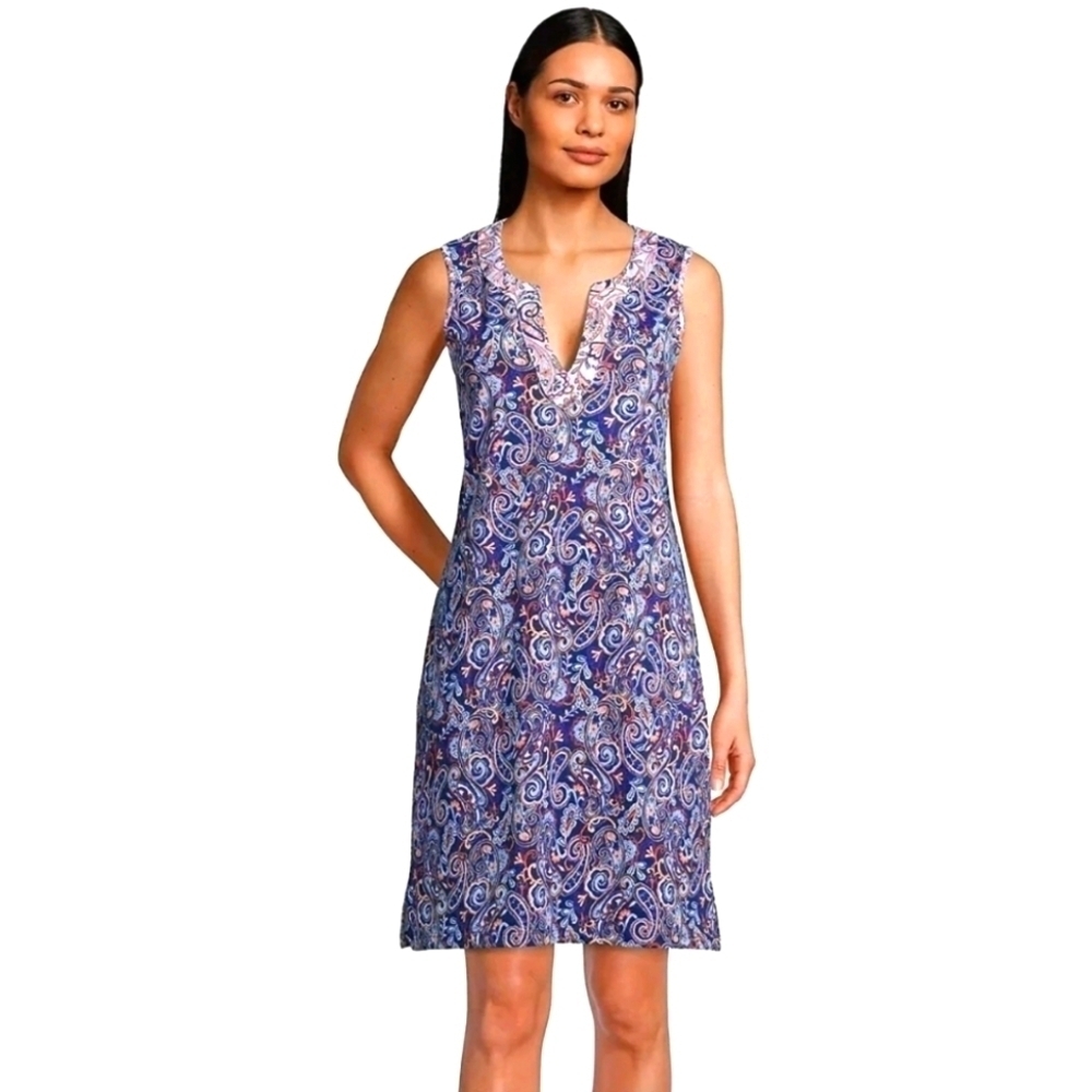 Lands End Women's Navy Paisley Cotton Sleeveless Dress Colorful Size XS / LEasi